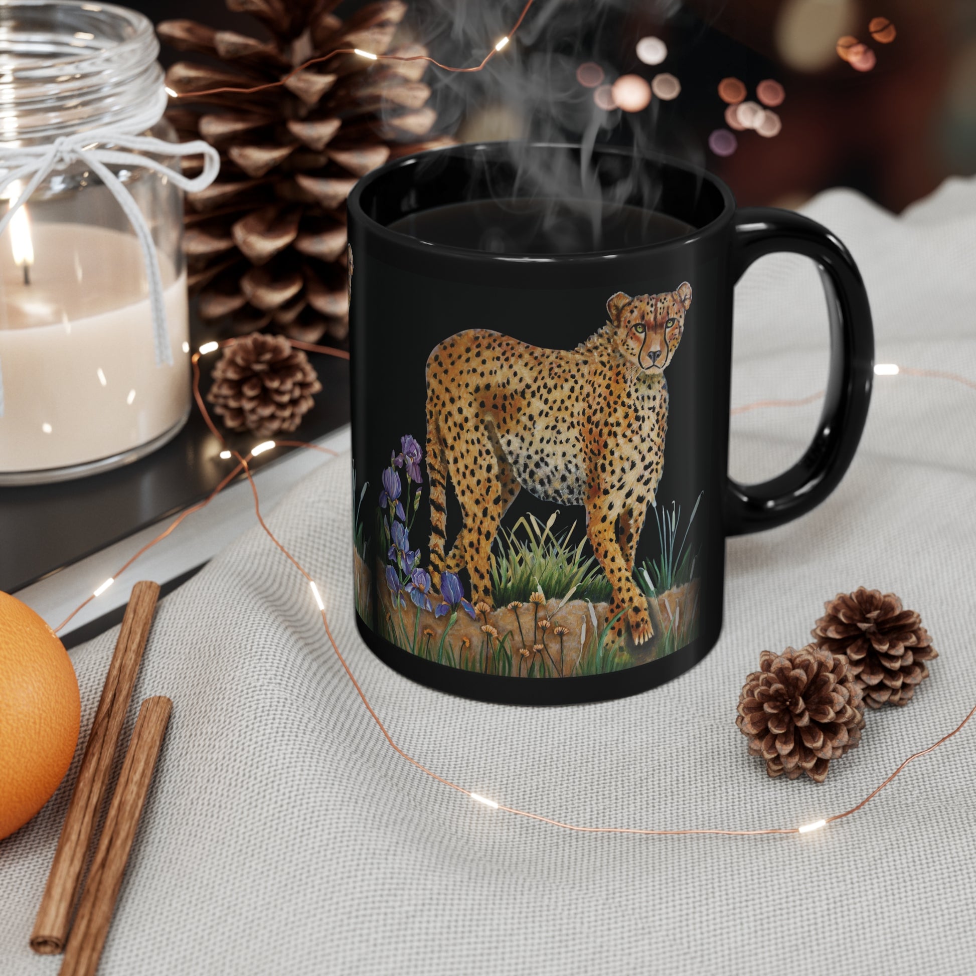 Cheetah Mug- Original Art work.   Set of two. Cheetah glass Mugs.  Hand painted.  Mary Sisson Art. - MarySissonArt
