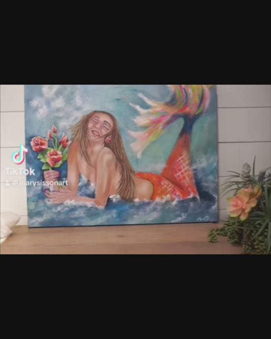 Mermaid Original Painting. 24" X 18"  Coastal decor. Beach Decor