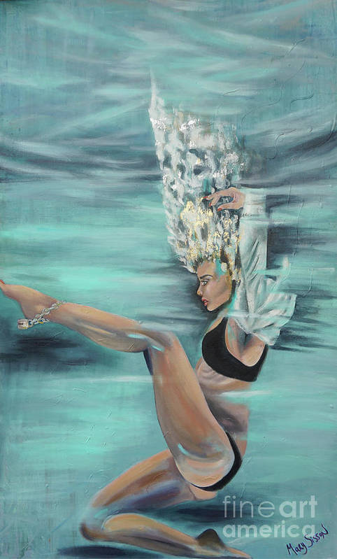 Coastal Art. Modern Woman underwater painting print.  Coastal Chic - MarySissonArt
