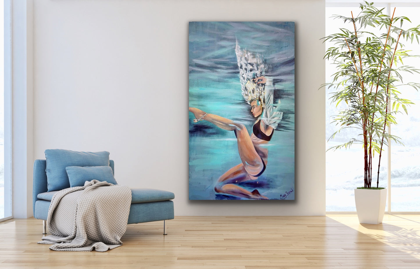 Coastal Art. Modern Woman underwater painting print.  Coastal Chic - MarySissonArt