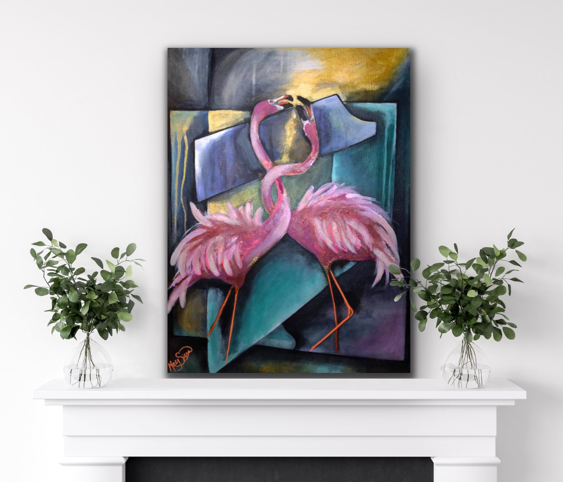 Love Birds - Pink Flamingo Painting Print.  Beach Decor.  Colorful Coastal Wall Art. Tropical Painting - MarySissonArt